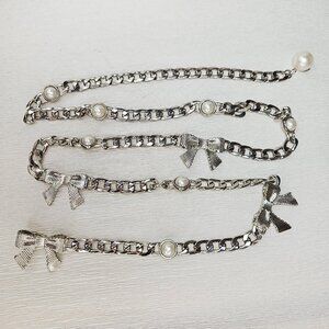Kate Spade Silver Chain Belt Bows White Pearls